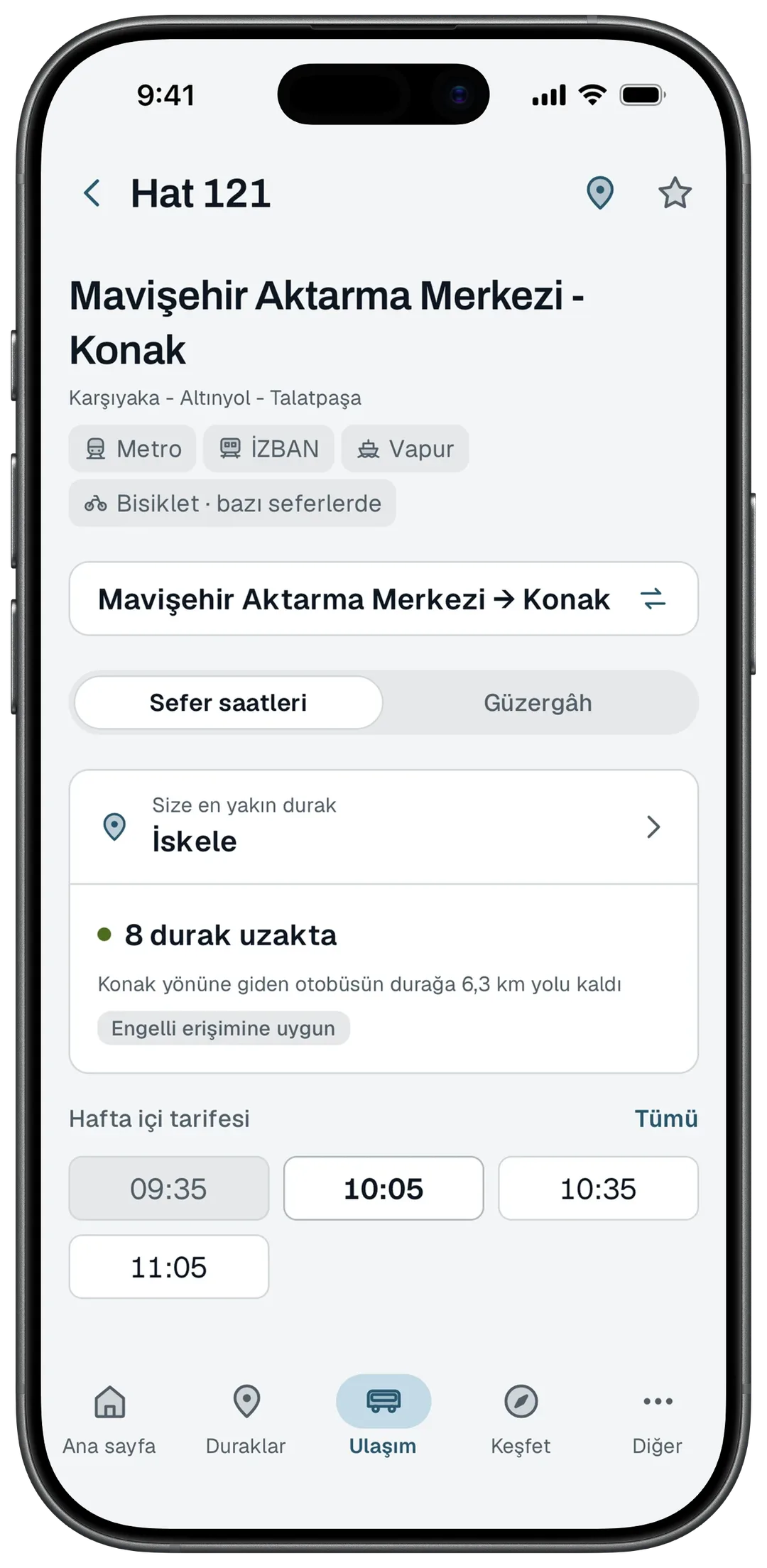121 numaralı Mavişehir–Konak hattının sayfası: en yakın İskele durağı, canlı bilgi ve hafta içi kalkış saatleri