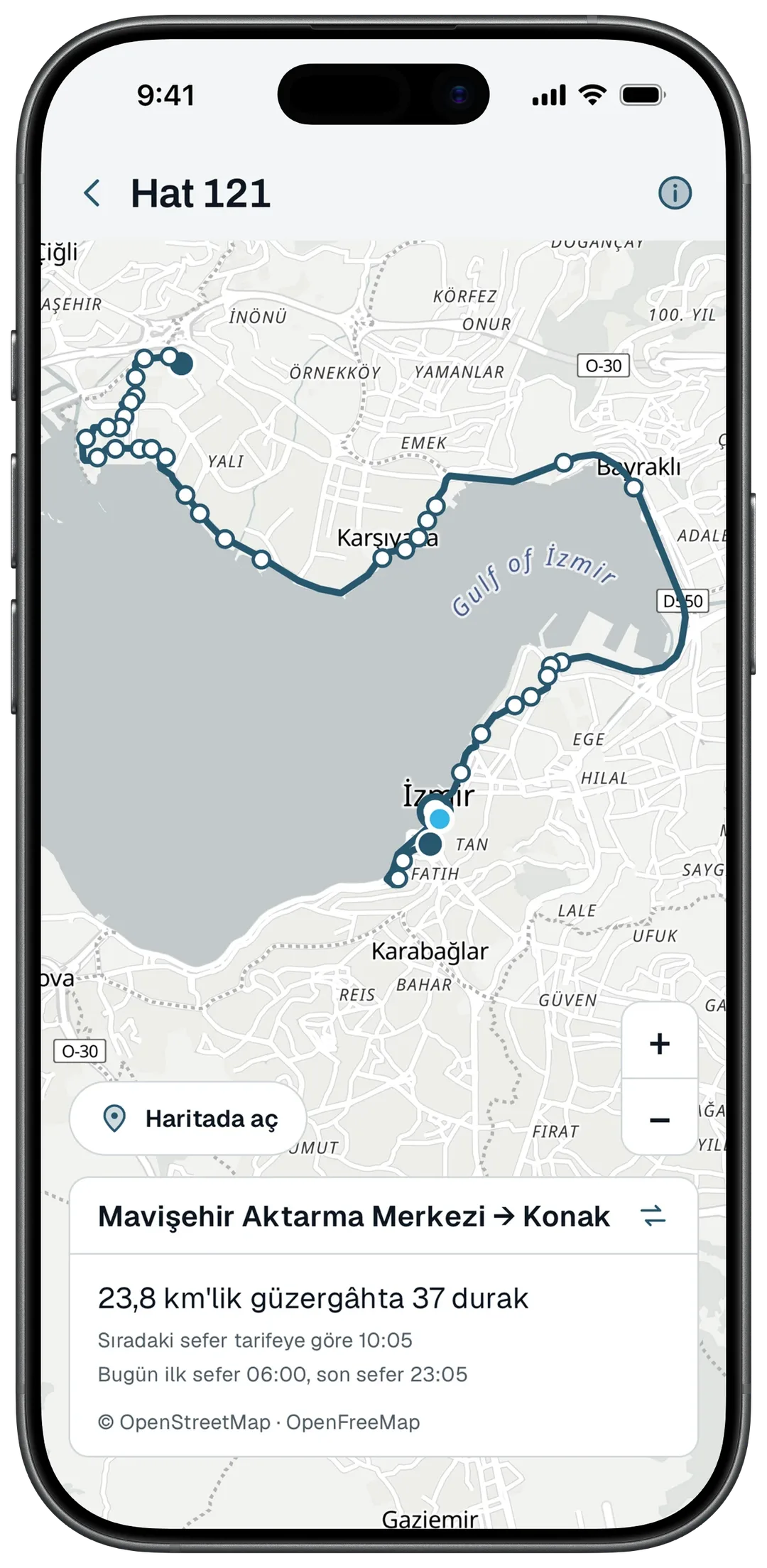 121 numaralı Mavişehir Aktarma Merkezi–Konak hattının haritası: 37 durak ve 23,8 km güzergâh