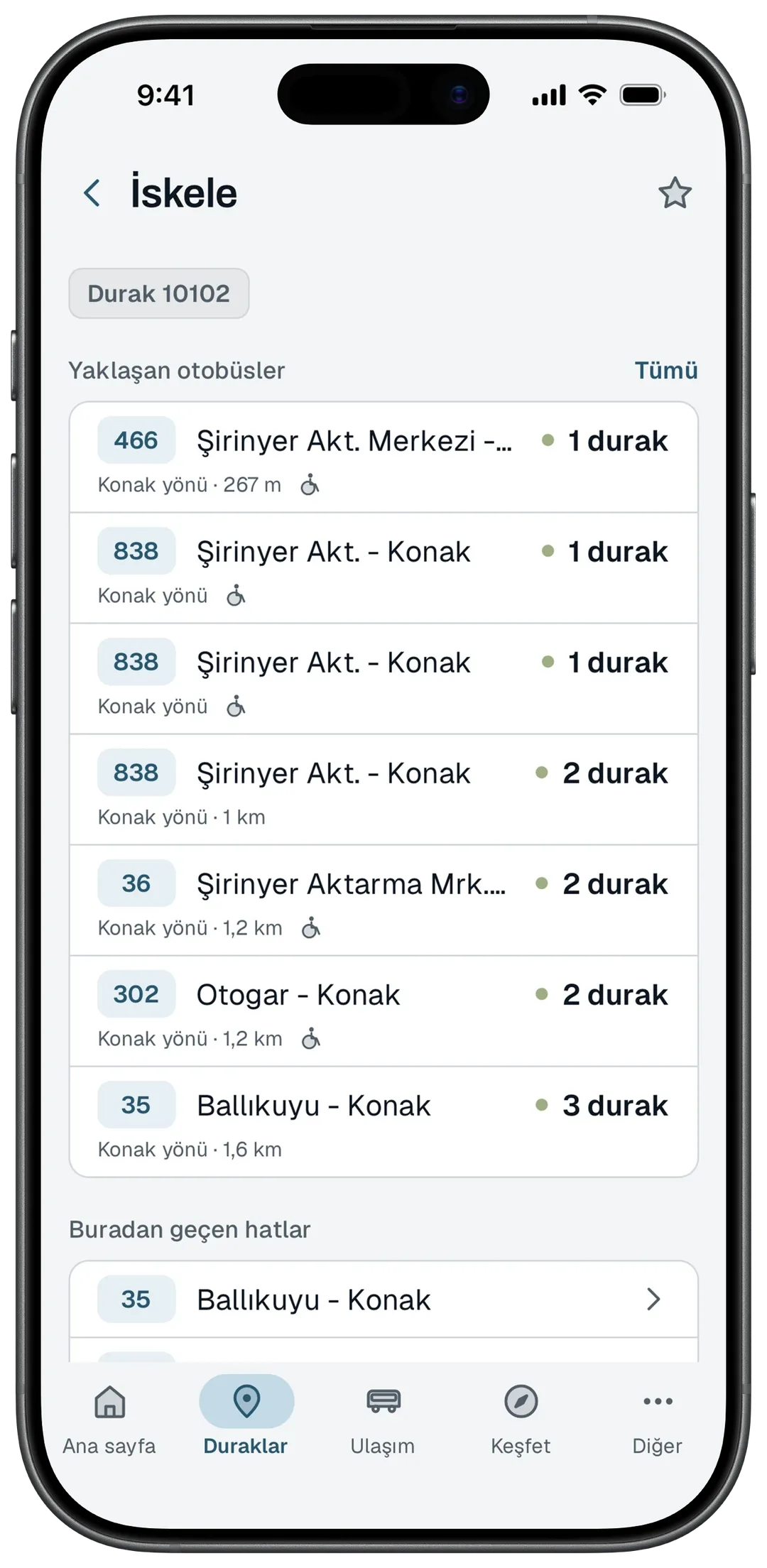 Konak İskele durağı: yaklaşan otobüsler, kalan durak sayıları ve buradan geçen hatlar