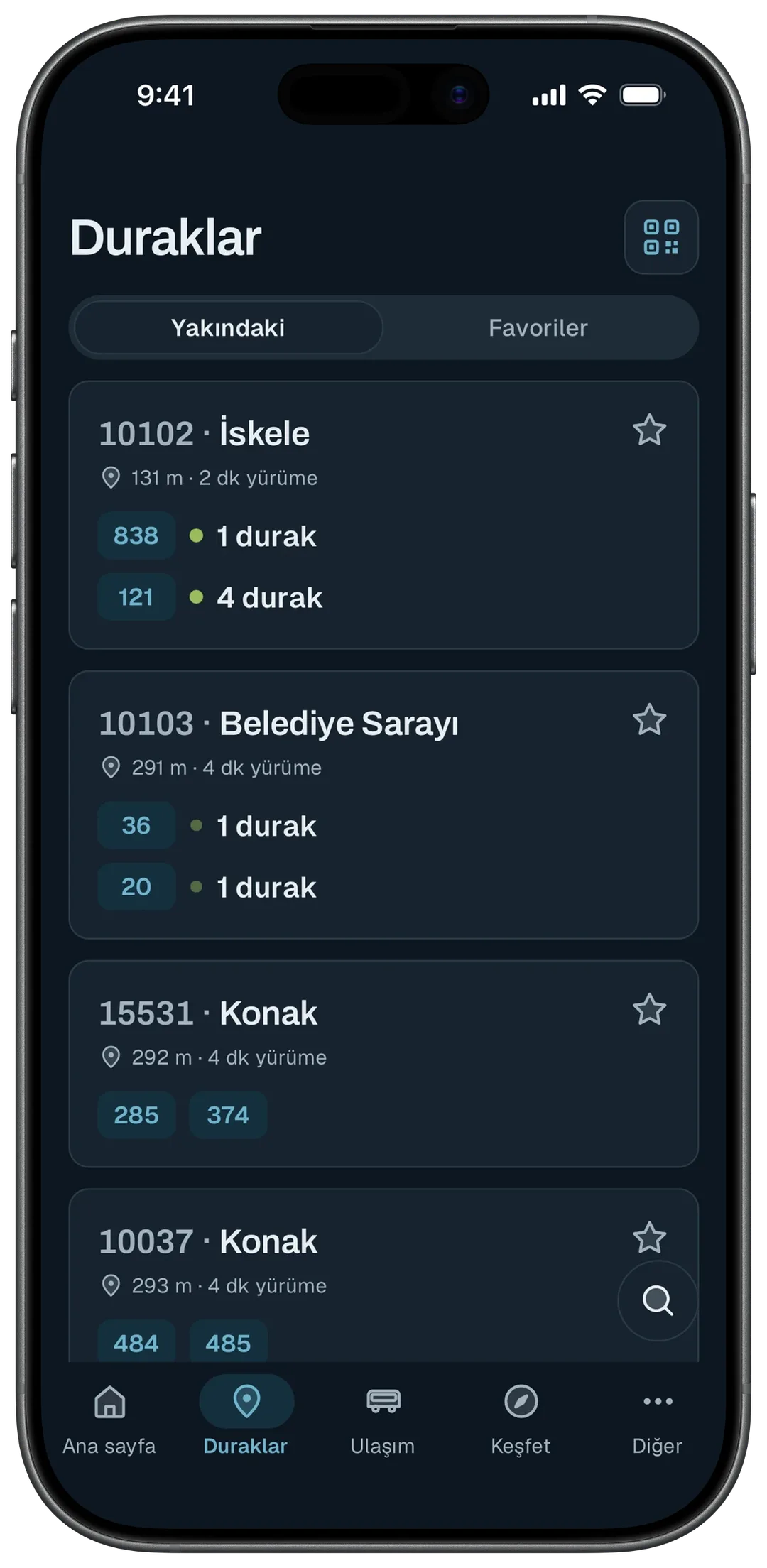 Koyu temada duraklar ekranı