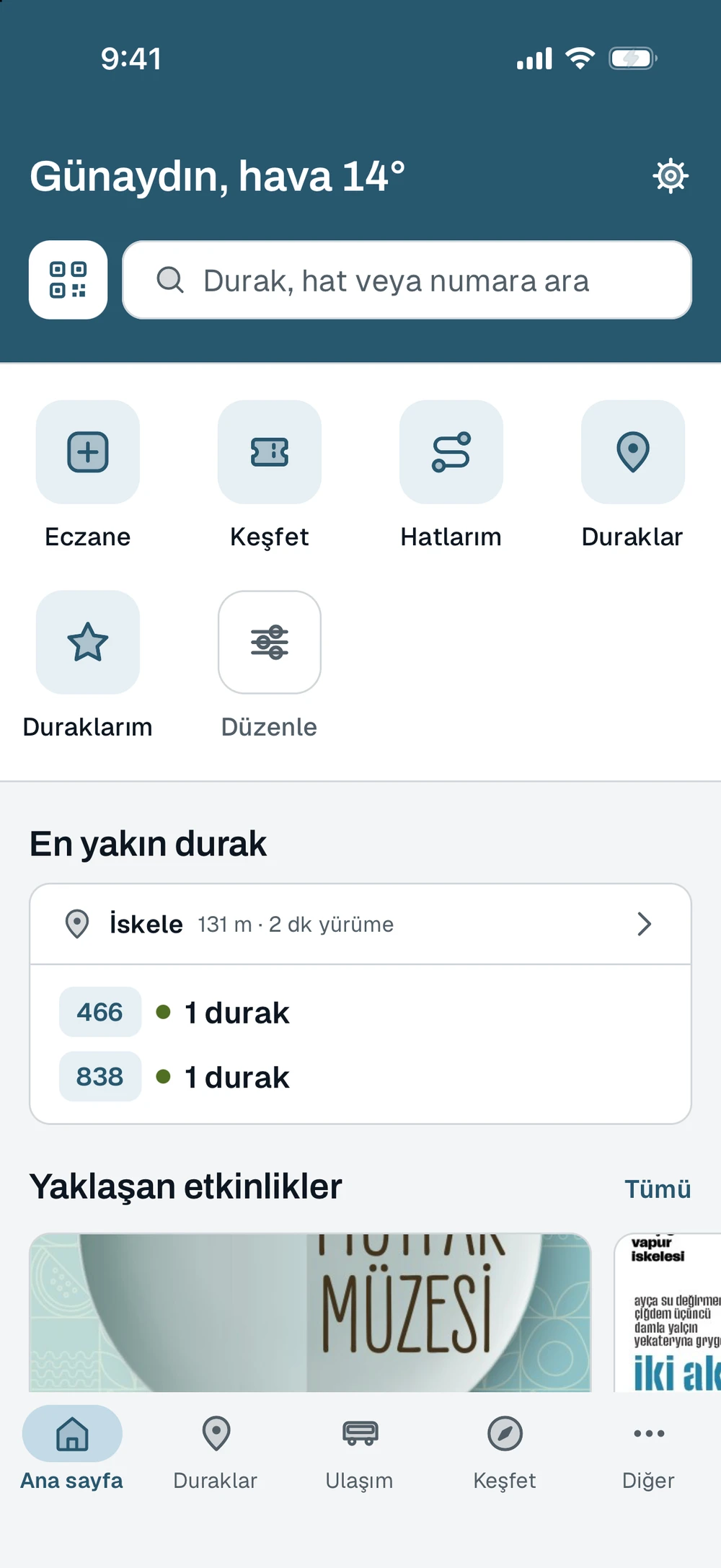 Ana sayfa: selam, hava durumu, arama, kısayollar ve en yakın durak