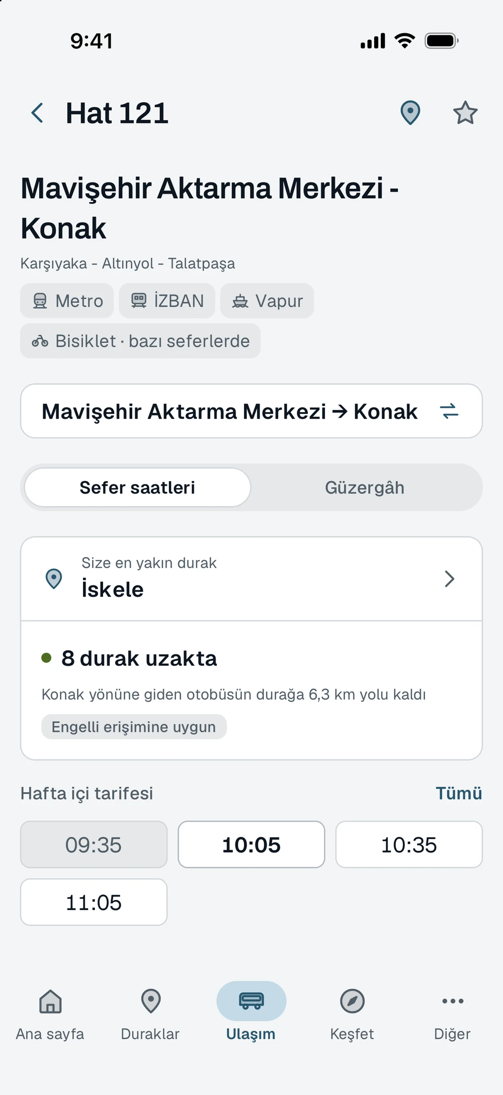 121 numaralı Mavişehir–Konak hattının sayfası: en yakın İskele durağı, canlı bilgi ve hafta içi kalkış saatleri