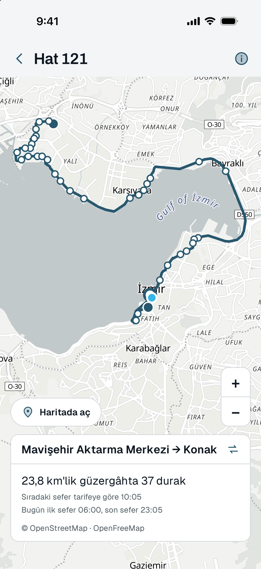 121 numaralı Mavişehir Aktarma Merkezi–Konak hattının haritası: 37 durak ve 23,8 km güzergâh