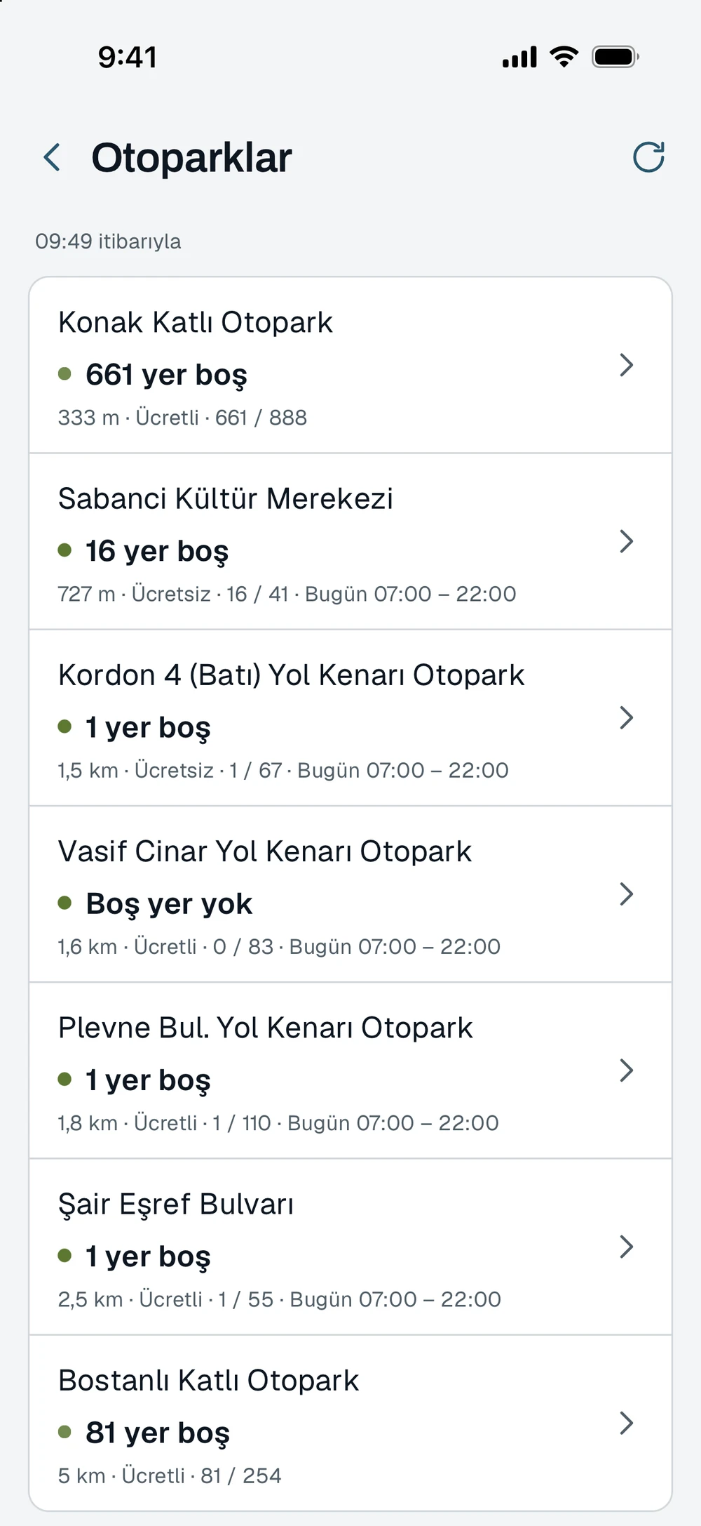 Otoparklar: her otoparkta canlı boş yer sayısı, ücret ve çalışma saati