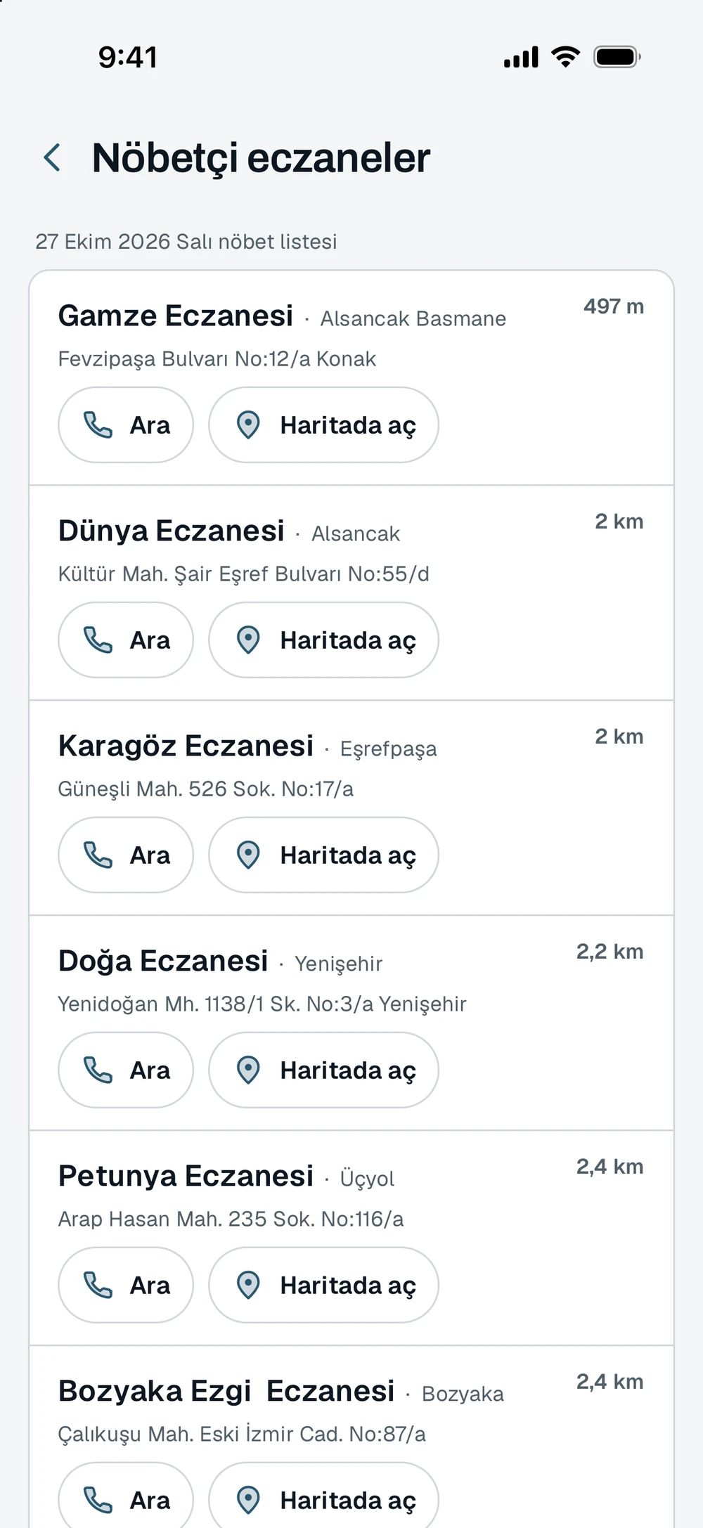 Nöbetçi eczaneler: en yakından uzağa, arama ve yol tarifi düğmeleriyle
