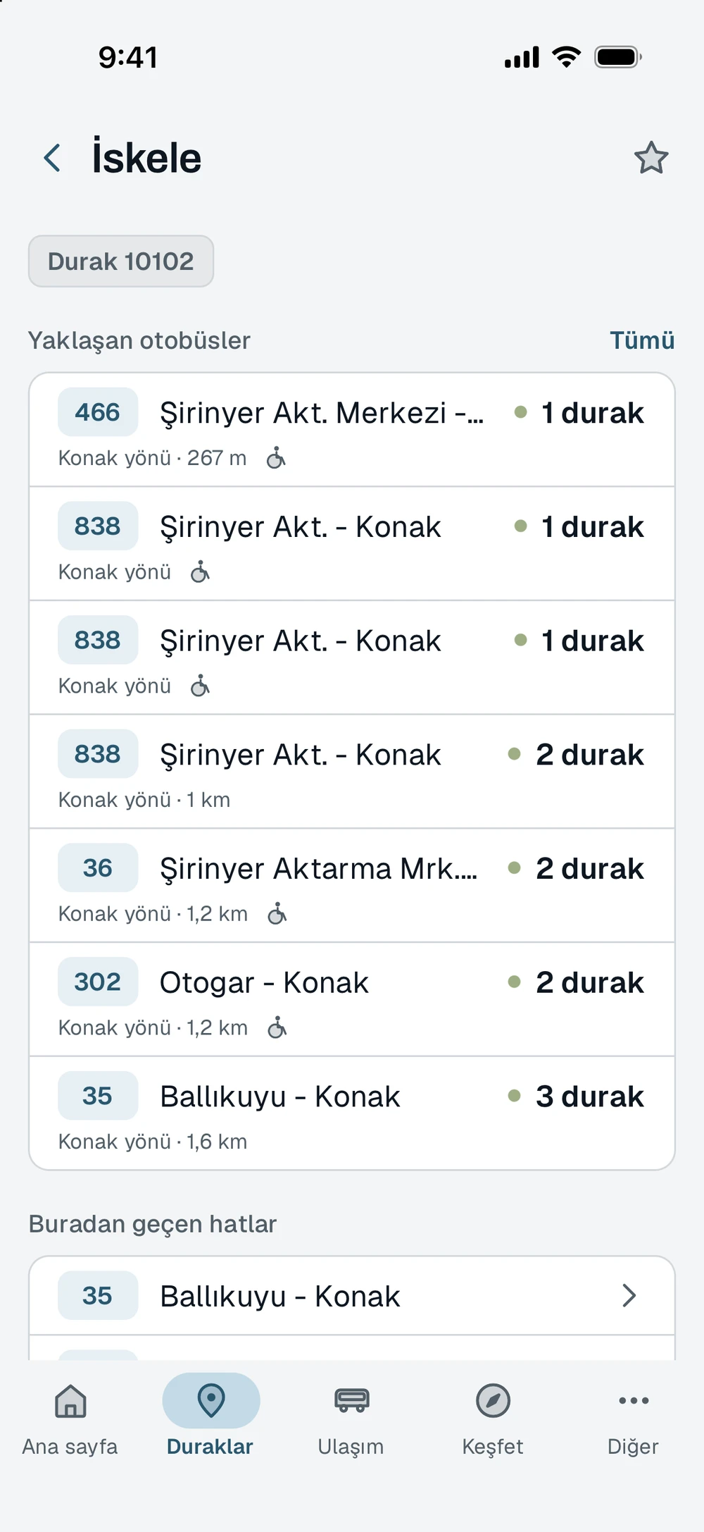 Konak İskele durağı: yaklaşan otobüsler, kalan durak sayıları ve buradan geçen hatlar
